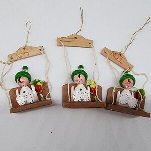 Vintage Wooden Christmas Ornament Figures on Swing Set of 3 Taiwan